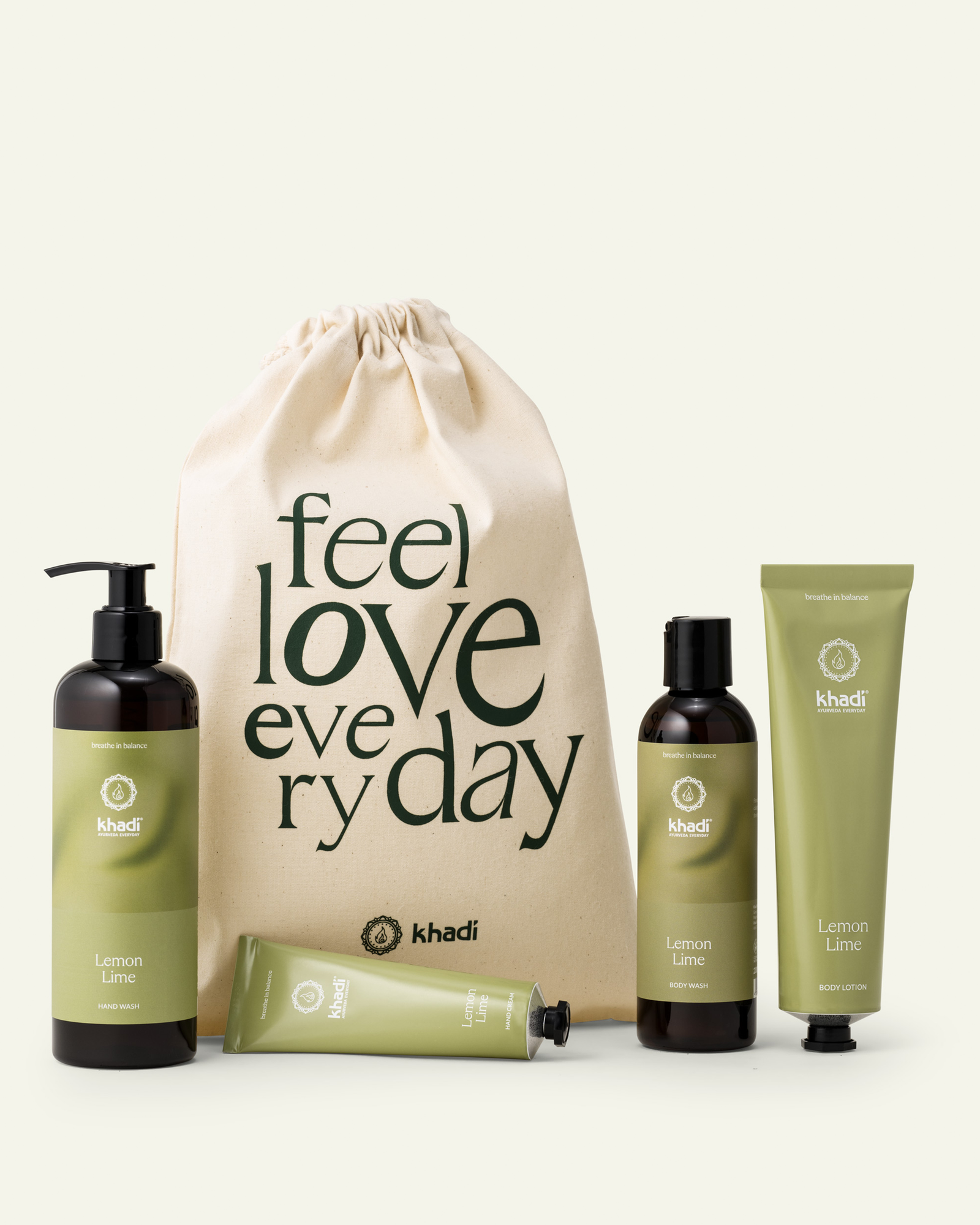 Zestaw Ayurvedic Experience Set Lemon Lime z naturalnym płynem do mycia ciała, płynem do mycia rąk, balsamem do ciała i kremem do rąk.