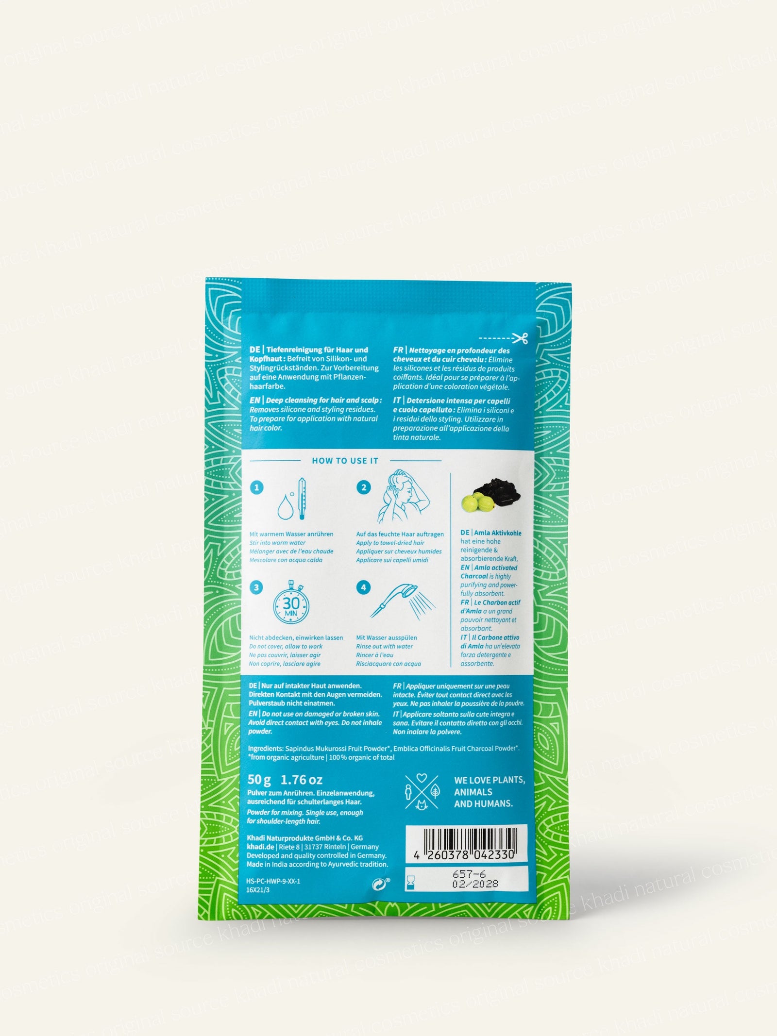 khadi Deep Charcoal Cleanse proszek do mycia włosów Tył opakowania Zdjęcie produktu