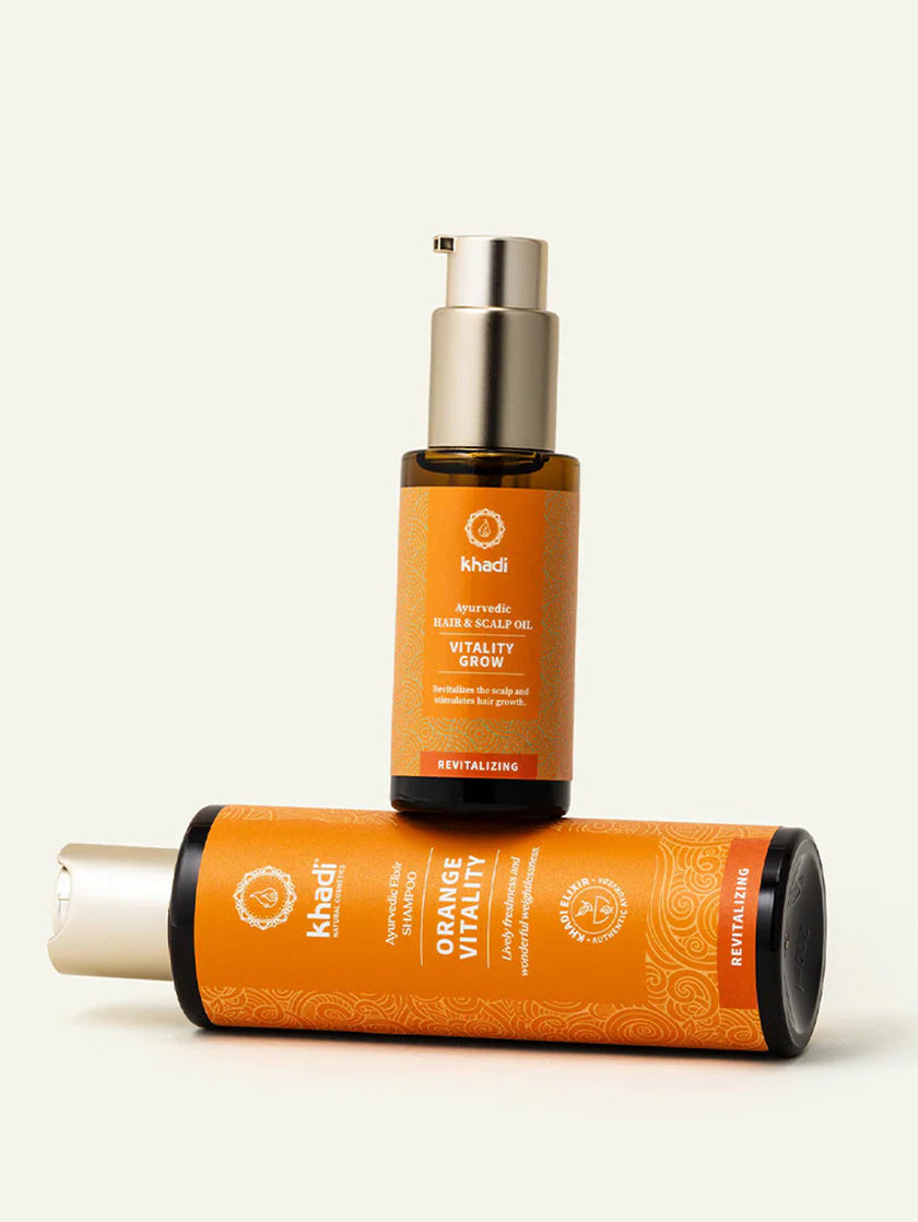 Zdjęcie zestawu Let-it-Grow Orange Vitality Shampoo i olejku do włosów marki khadi