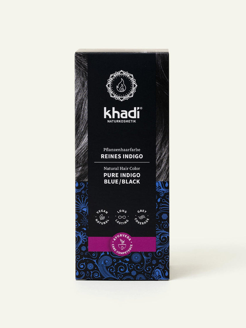 Zdjęcie ziołowej farby do włosów khadi pure indigo, widok opakowania z przodu